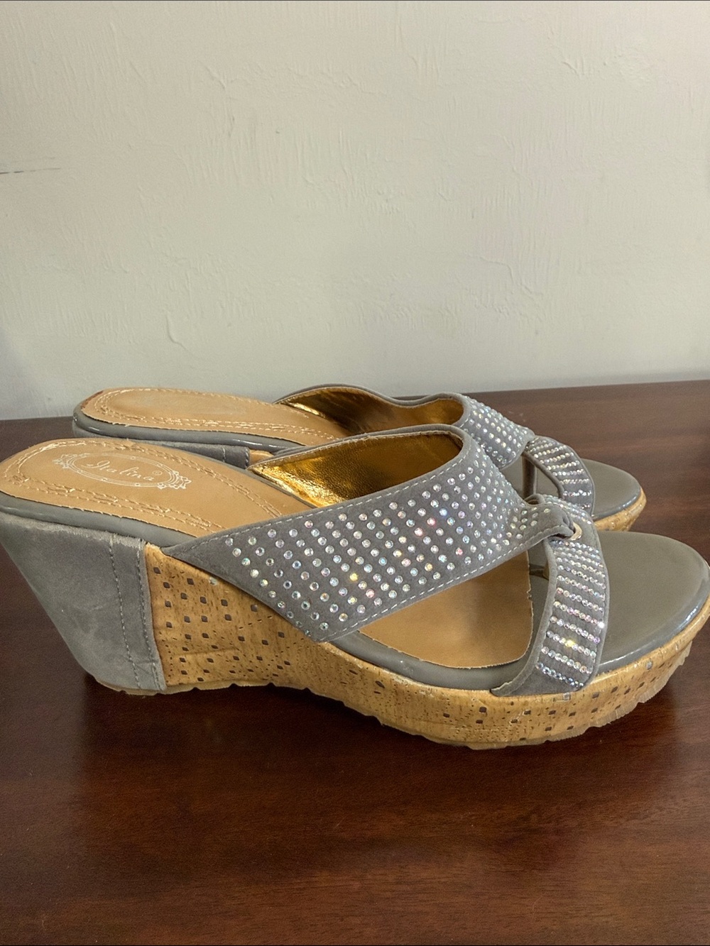 Italina Gray Rhinestone Wedge Sandals